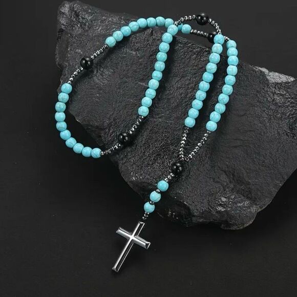 Turquoise Onyx Hematite Round Beaded Cross Pendant Rosary Necklace New